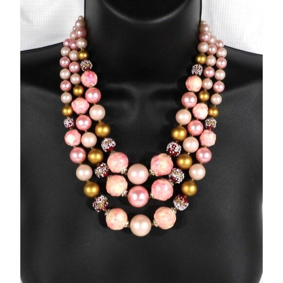 Vintage 3 strand large pink, red & gold beaded necklace made in Japan 20" adj - Picture 1 of 4